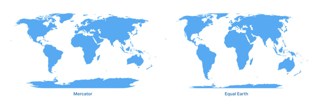 World map projections comparing Mercator and Equal Earth views. Cartography and geographic education. Global geography, world atlas and spatial data visualization. Vector map illustration.