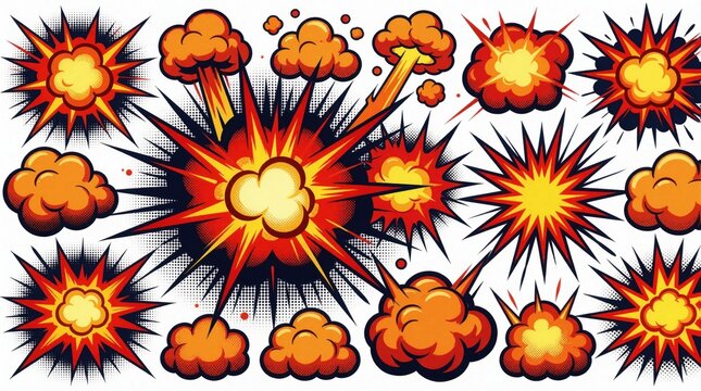 Cartoon comic explosion set. Bright red, orange blast clouds with smoke rings. Dynamic pop art boom effects for action scenes. Various sizes of impact puffs, fire clouds for graphic design, gaming,