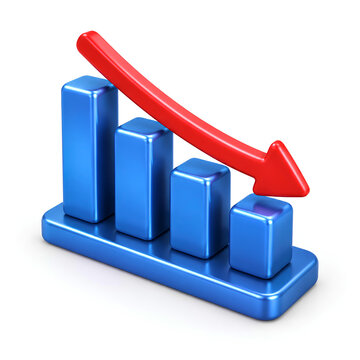 3D financial decline icon featuring four blue bar charts with curved red downward arrow line representing market loss