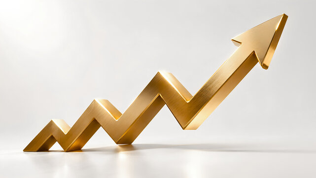 3D metallic gold upward zigzag trend arrow line standing on reflective light surface symbolizing wealth growth and market surge
