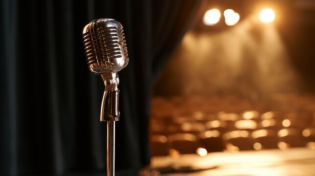 Vintage microphone on stage with warm spotlight, live performance, upscale event branding, music production, entertainment venue, recording studio use