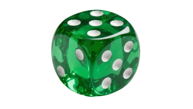 Transparent green die with silver pips showing numbers, isolated on transparent background