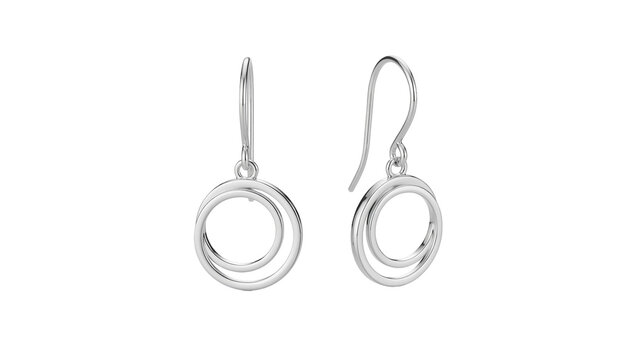 Pair of elegant silver double hoop dangle earrings, isolated on transparent background