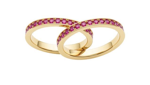 Two intertwined gold wedding bands encrusted with small pink rubies, isolated on transparent background