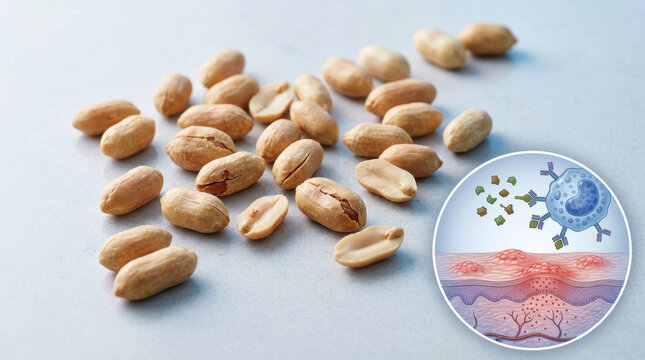 Peanut allergy concept with scattered peanut kernel and immune reaction illustration showing skin inflammation, medical awareness, and food safety concern