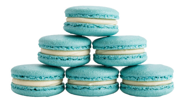 Stack of six blue French macarons with cream filling, isolated on transparent background