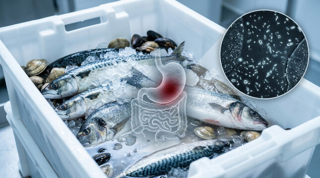 Fresh seafood on crushed ice with microbial activity shown in scientific inset, illustrating food safety, contamination, and cold storage for quality control