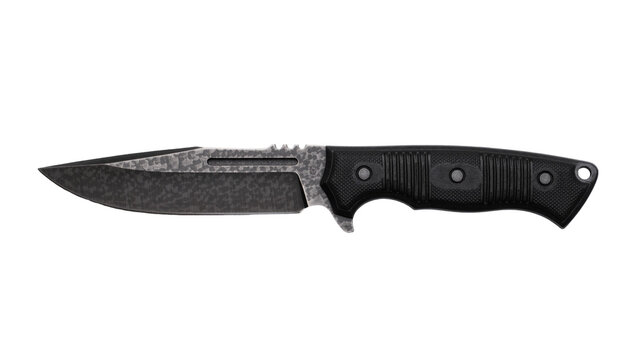 Tactical fixed blade knife with textured black handle, isolated on transparent background