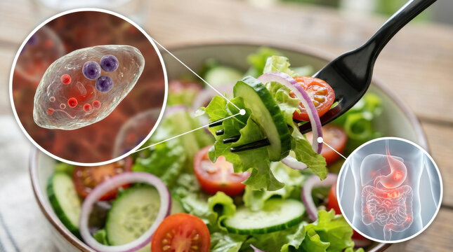 Salad vegetable with microscopic parasite and digestive system illustration, highlighting food safety and healthy eating concern during meal preparation