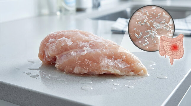 Frozen chicken thawing on kitchen counter with moisture, magnified bacteria and intestine illustration