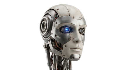 Cyborg head with metallic modular plating and glowing blue eye sensor for artificial intelligence concept. © Highres