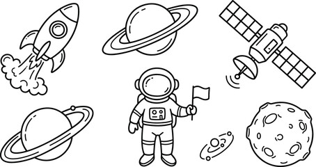 Outer Space Exploration Icon Set with Rocket Ship Astronaut Saturn Planet Satellite and Asteroid Line Art Vectors for Science Education Designs © Sajjat