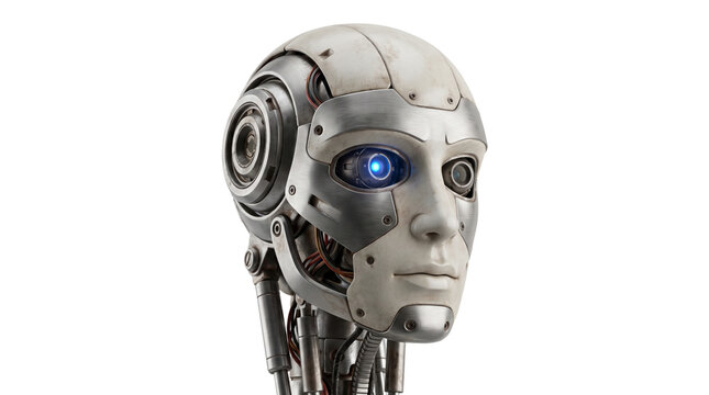 Cyborg head with metallic modular plating and glowing blue eye sensor for artificial intelligence concept.