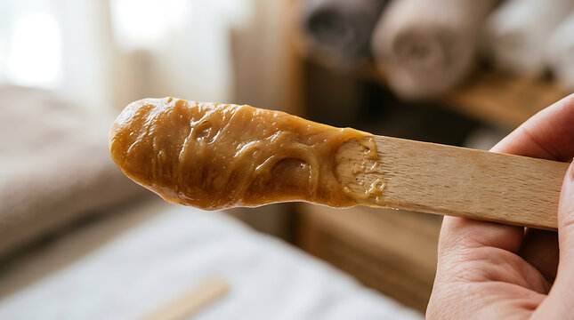 Hand holding a wooden spatula with thick sugar wax for hair removal
