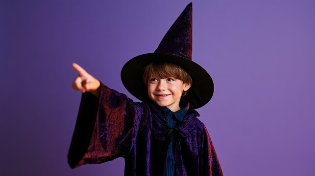 Smiling young child in wizard costume with large pointed hat pointing finger on purple background in studio