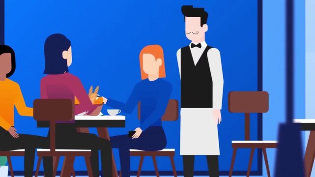 Waiter presenting restaurant bill to customer at table in animated vector video footage clip illustration