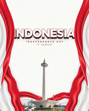 Red frame Indonesia Independence Day poster with Monas
