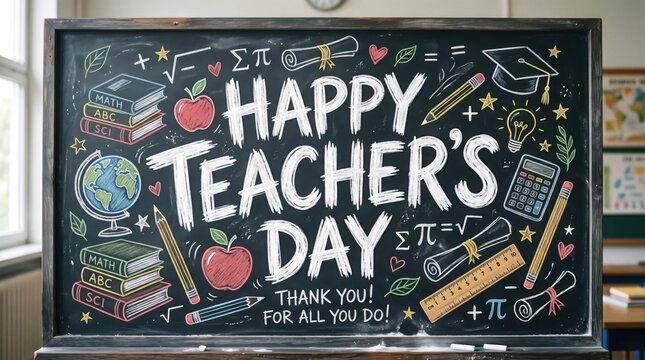 Chalkboard illustration celebrates teacher s day with scholastic elements and handwritten text