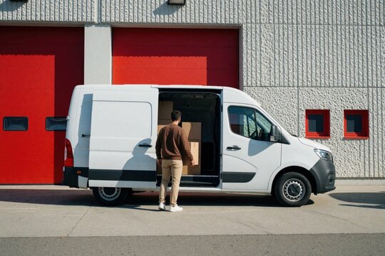 Delivery man unloads cardboard boxes from white cargo van. Courier worker carries shipment from vehicle parked near warehouse. Logistics service professional moves package for distribution. Small