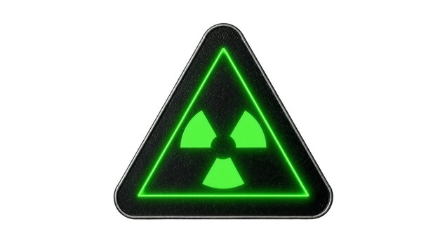 Glowing green radioactive hazard symbol on black textured triangle, isolated on transparent background