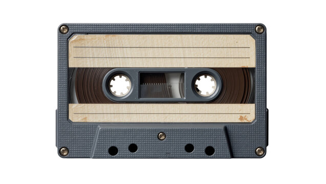 Vintage grey cassette tape with beige label, isolated on transparent background