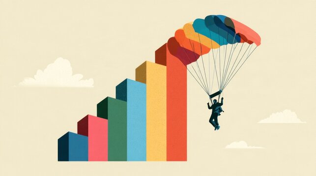 Businessperson descending with parachute beside colorful rising bar chart symbolizing risk management and financial stability concept illustration