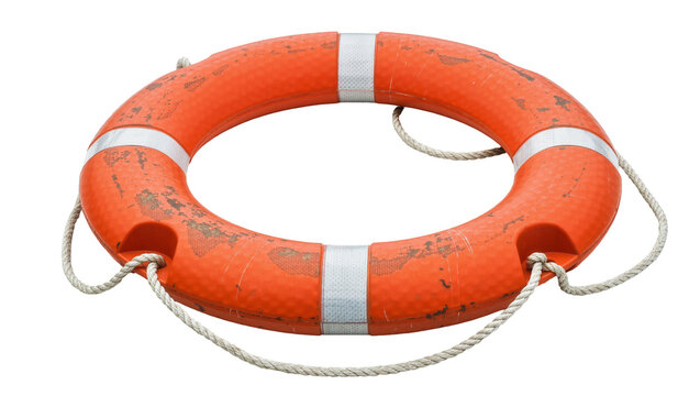 Orange life preserver ring with white rope and reflective stripes, isolated on transparent background