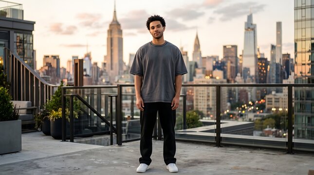 Portrait of a handsome young man with a beard wearing a grey t-shirt standing in an urban industrial setting with brick walls and cobblestone ground during the golden hour of the day