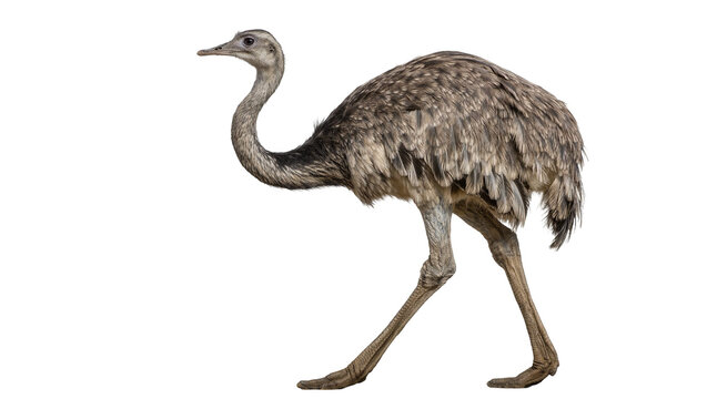 Gray rhea bird with long neck and legs, isolated on transparent background