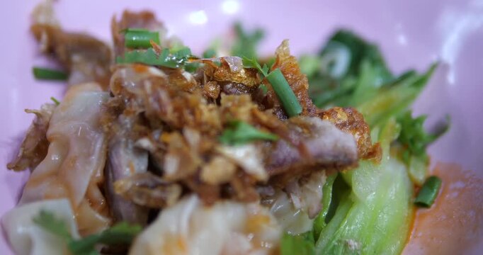 Close up of delicious wonton with garlic and vegetable