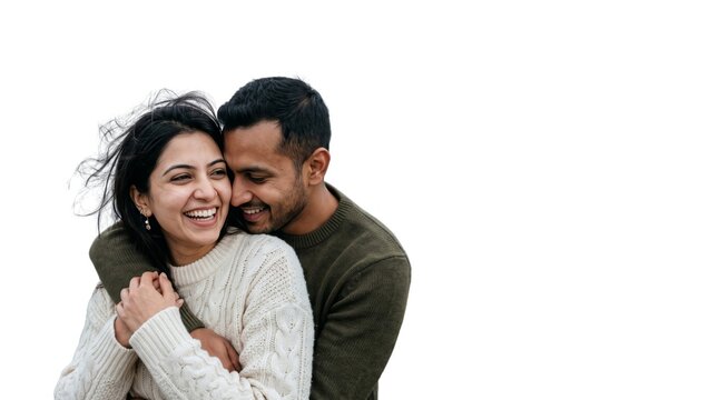 A lovely Indian couple poses affectionately against a bright white background. Dressed in cozy, stylish casual winter attire, they share a very warm, joyful, and intimate loving hug.