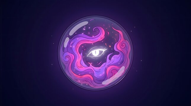Mystical Crystal Ball Illustration Featuring A Glowing Slit Pupil Eye And Swirling Cosmic Energy