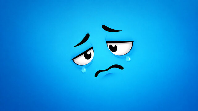 Sad Cartoon Face with Tears on Blue Background