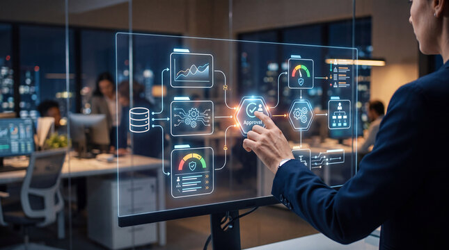 A businessman interacts with a futuristic holographic interface displaying a business process workflow with charts and gauges.