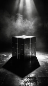 Dramatic monochrome shot of a dark monolithic cube illuminated by a spotlight in a smoky industrial background
