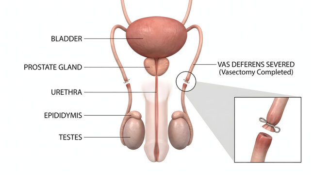 Comprehensive 3D medical illustration depicting the male reproductive system, highlighting the vasectomy procedure with the vas deferens severed. Includes clear anatomical labels for bladder, prost...