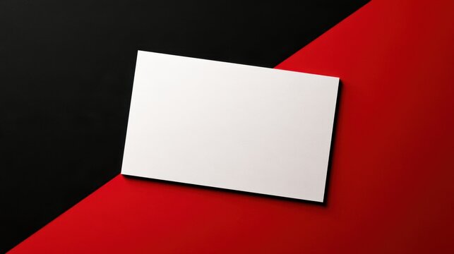 Blank white rectangular card on diagonal black and red surface with copy space for text and design presentation concept