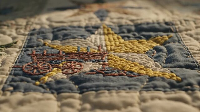 Embroidered patchwork quilt with farm motifs in warm sunlight