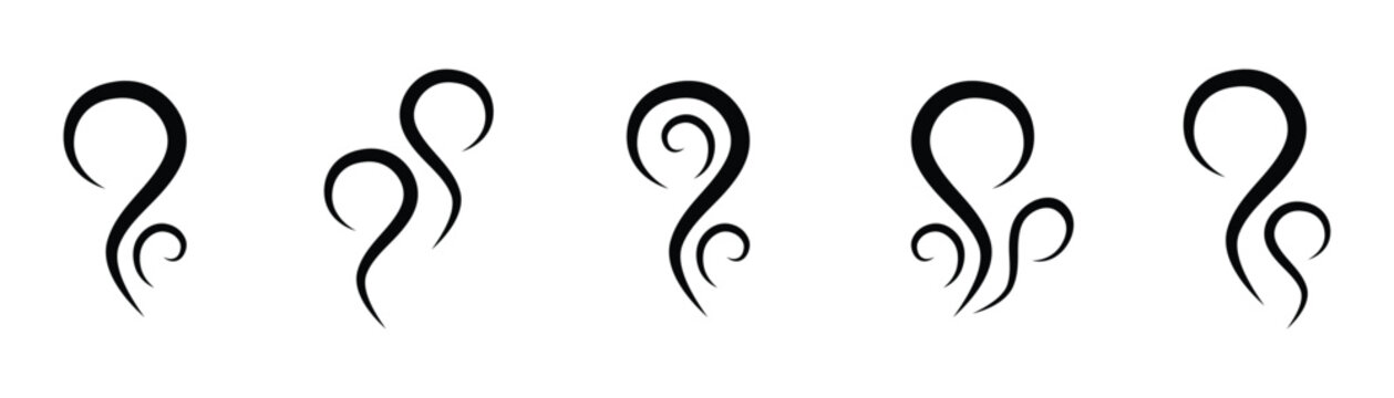 Smoke steam icon set. Aromas wavy icons set. Black silhouette steam, symbol smell smoking or stench. Simple template odour scent. Sign heat water or hot smoke. Isolated on white vector illustration