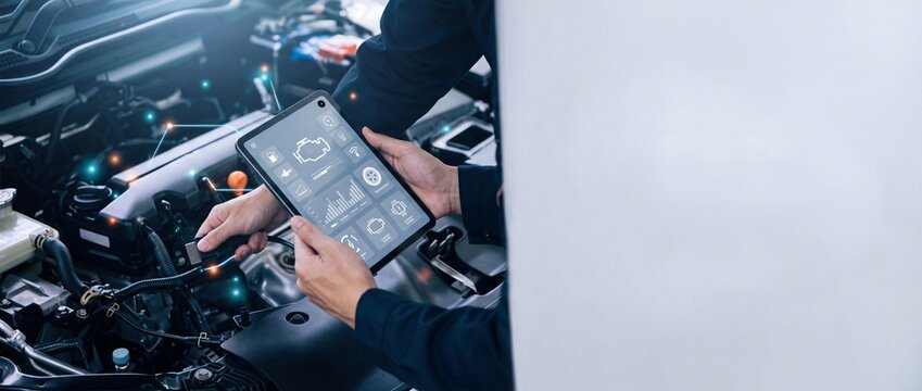Auto mechanic using a digital tablet for car engine diagnostics and maintenance in a professional service center, featuring a smart interface with vehicle performance data and technical analysis.