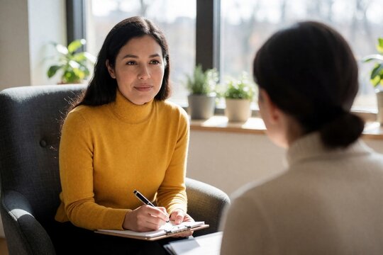 Female psychologist listens to patient during psychotherapy session in bright office. Mature woman therapist takes notes on clipboard talking to client. Professional mental health consultation with