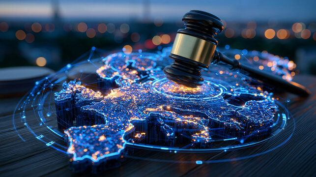 Modern technology regulation visualization showing a holographic gavel above a three-dimensional map of Europe, artificial intelligence circuitry and interconnected digital nodes covering the contin