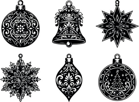 Set of Christmas Balls and Festive Ornaments with Snowflakes, Stars, Gifts and Holiday Decorations Vector Illustration for Winter Celebration and New Year Design