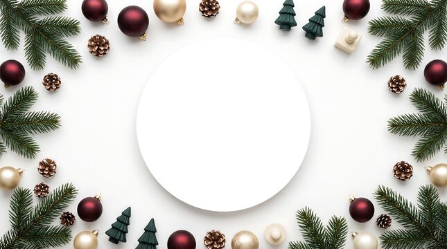 A festive Christmas flat lay arrangement featuring pine branches, ornaments, pinecones, and small trees surrounding a central white circle.