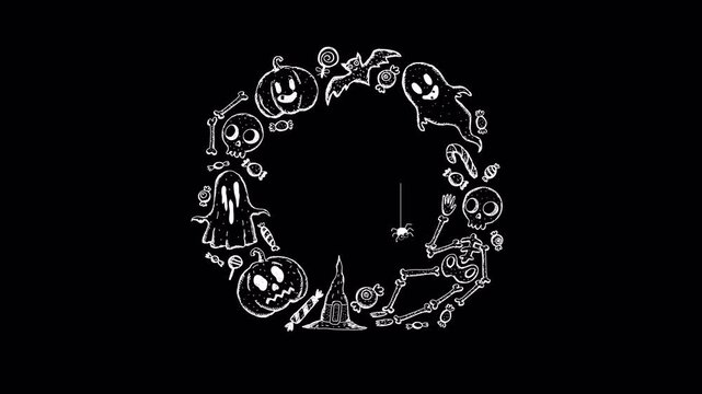 Animated hand drawn Halloween circular frame with spooky characters and symbols.