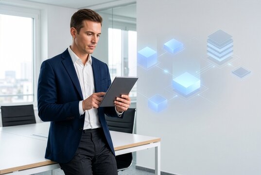 Male IT architect reviewing cloud systems for enterprise infrastructure, consulting and managed service concepts.