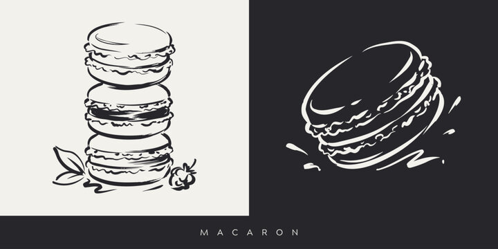 Hand drawn French macaron sketch illustration set with stacked cookies and single almond pastry