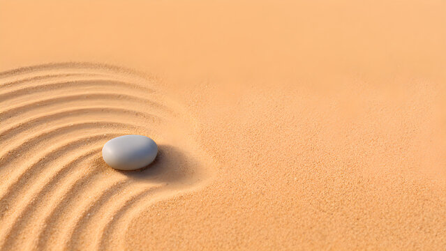 Raked sand contour lines around one smooth stone with empty warm space for mindful design