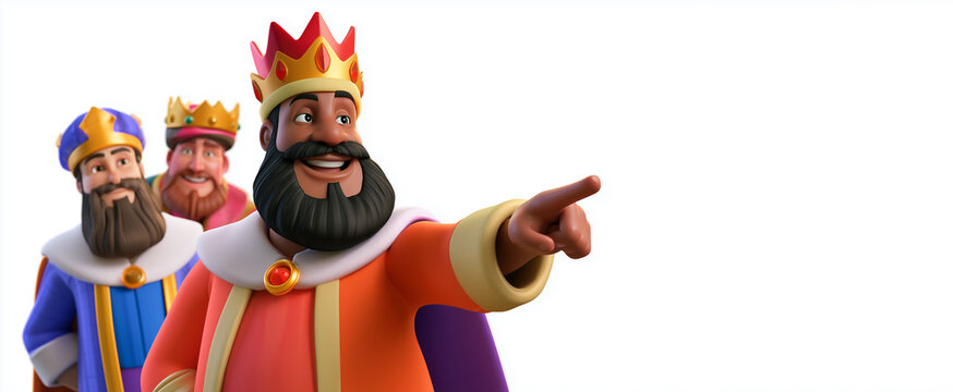 Three Wise Men as stylized 3D characters, one king pointing forward with two companions behind, isolated on white background with copy space for Three Kings Day and Epiphany. 