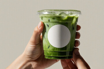 Naklejka premium Close up of person holding iced matcha green tea latte in plastic cup. Hand holds takeaway beverage with blank white round label for logo mockup. Minimalist drink on neutral background for cafe